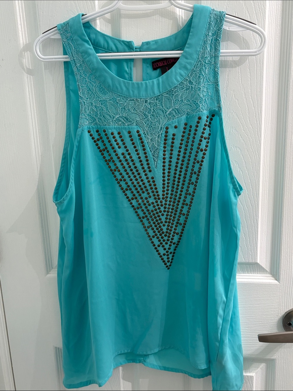 Rock & Roll Cowgirl Turquoise Lace Yoke Studded V-Front Camisole